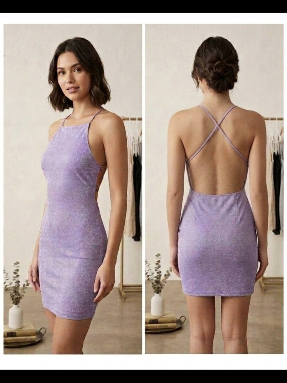 NWT H&M Divided Lavender Glitter Halter Neck Mini Dress Open Back Size S